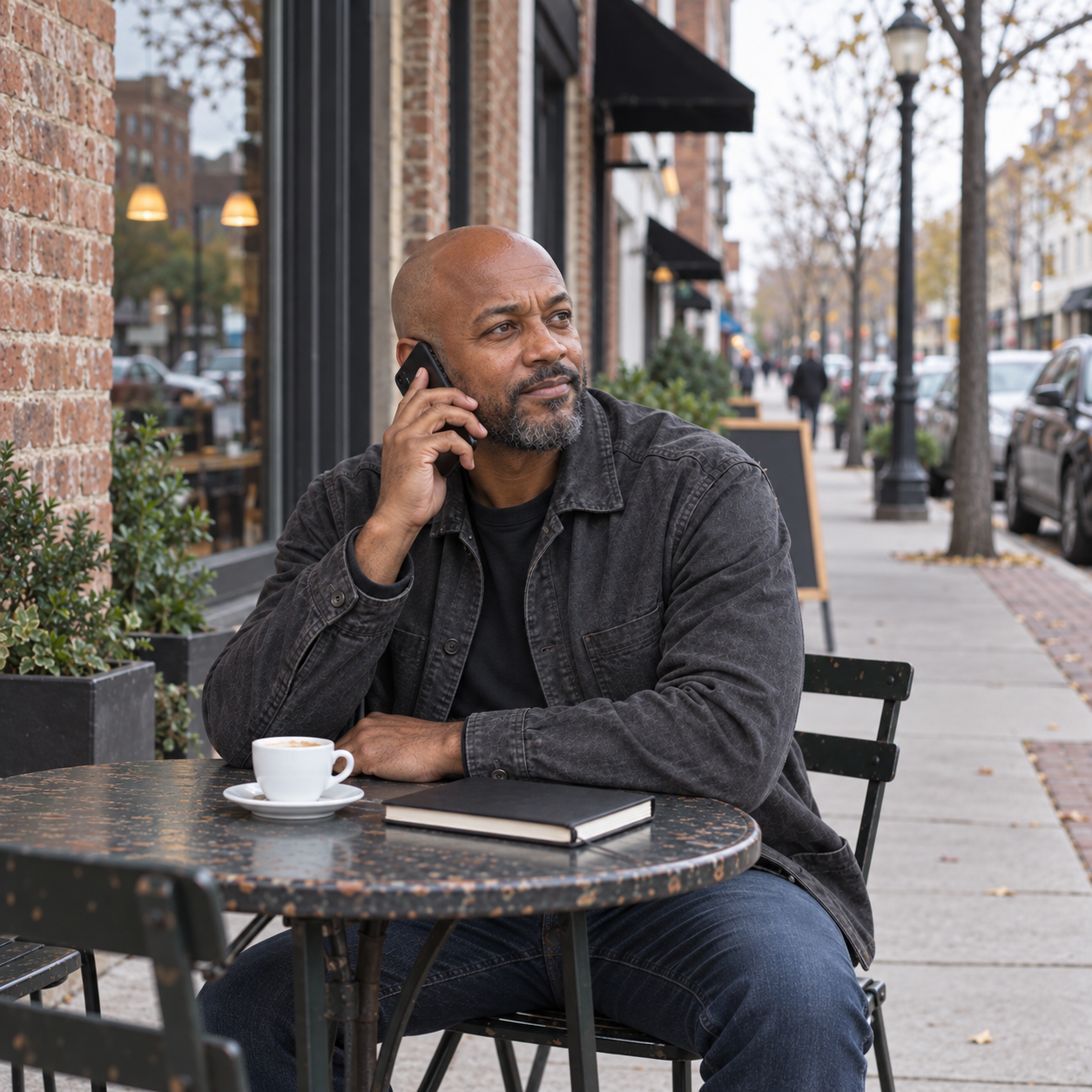 Illustrative scene of an experienced sales lead taking a call outside a cafe.
