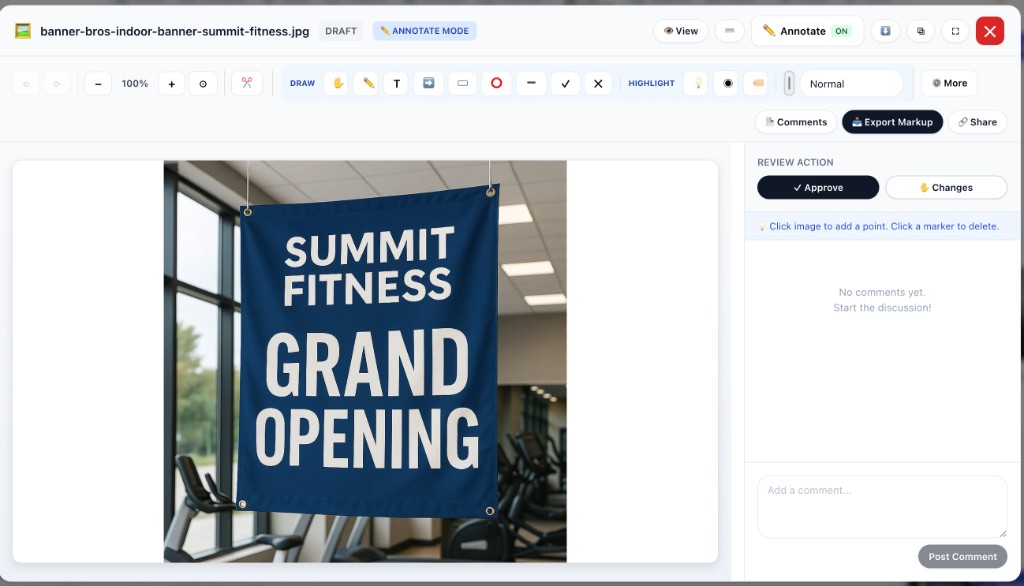 Annotation review mode on a client asset with approve and changes actions