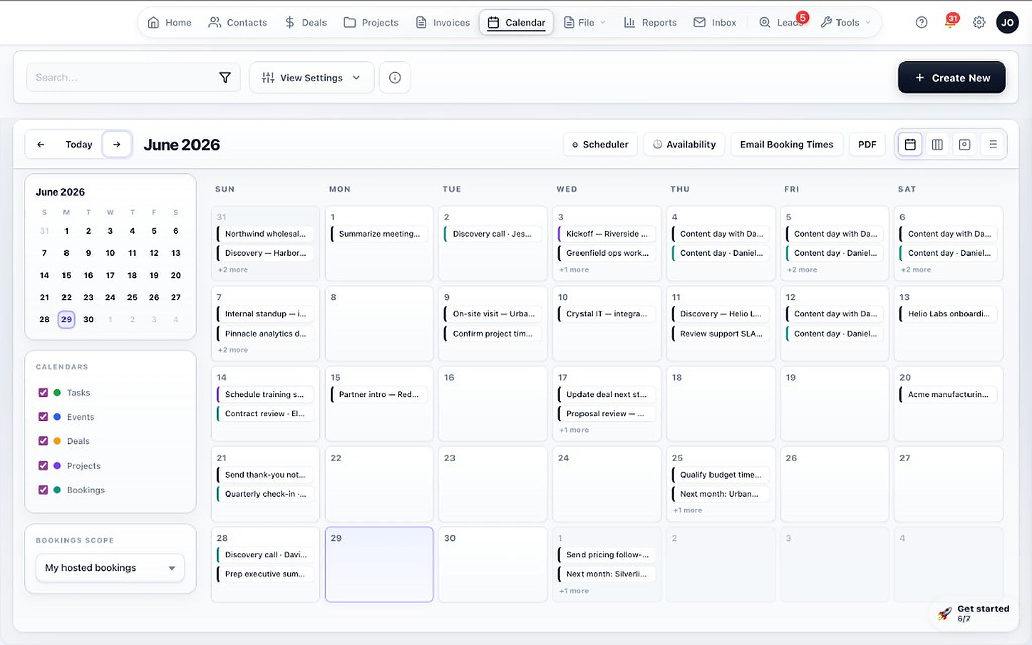 TotalDeal calendar showing demos, follow-up tasks, and onboarding milestones across the month