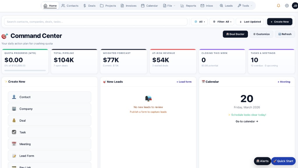 TotalDeal CRM command center showing quota progress, weighted forecast, at-risk revenue, tasks, and calendar
