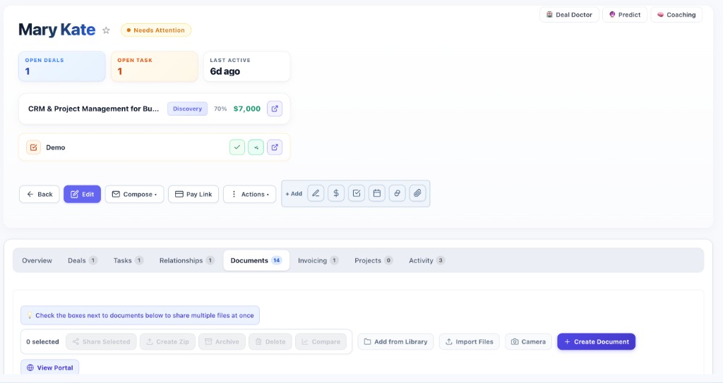 Deal workspace with documents tab selected and create document actions visible