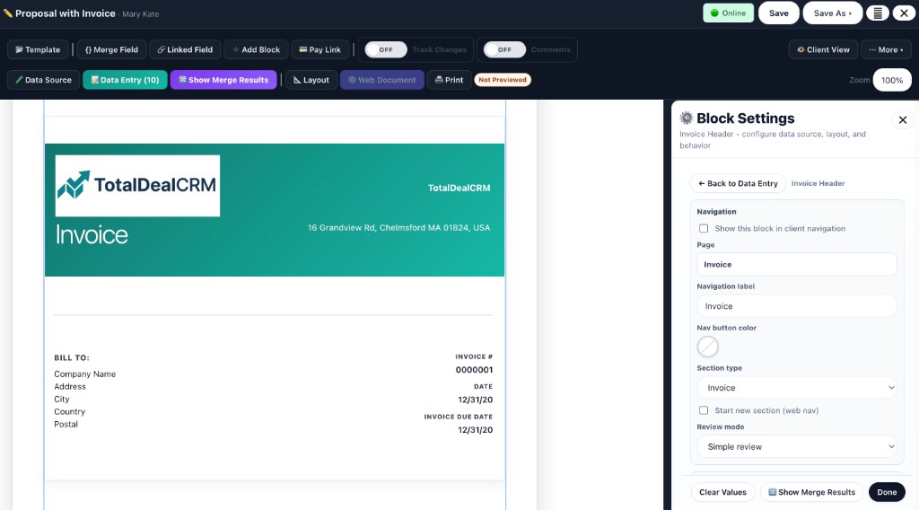 TotalDeal invoice composer with block settings and invoice preview