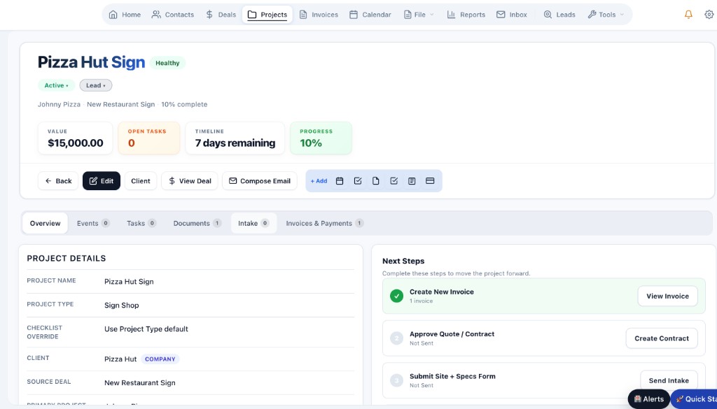 TotalDeal project overview with next steps, project details, invoices, and payments